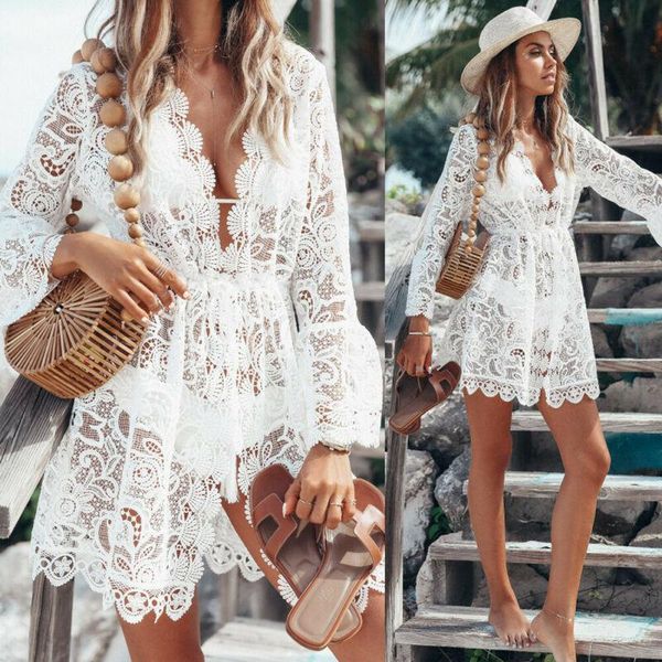 

women's swimwear ummer women bikini cover up floral lace hollow crochet swimsuit cover-ups bathing suit beachwear tunic beach sundress, White;black