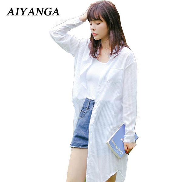

women's blouses & shirts aiyanga 2021 summer autumn long style blouse for women striped thin outerwear female casual white