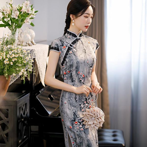 

chinese style improved floral print cheongsam spring summer female mandarin collar short sleeve qipao plus size -4xl ethnic clothing, Red