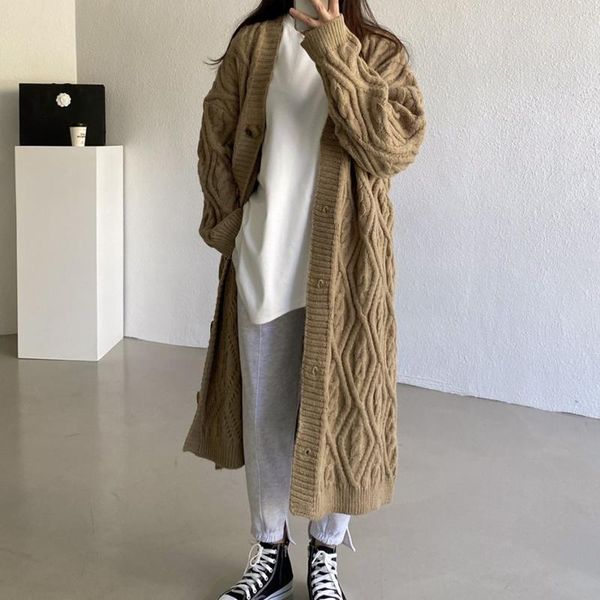 

women's wool & blends ladies knitted v-neck cardigan mid-length casual long single-breasted coat jacket female thick outwear autumn win, Black