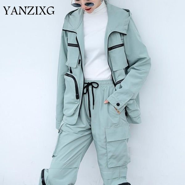 

two piece dress 2021 spring set hooded long sleeve loose zipper jackets female elastic lace up waist pants fashion tide l760, White