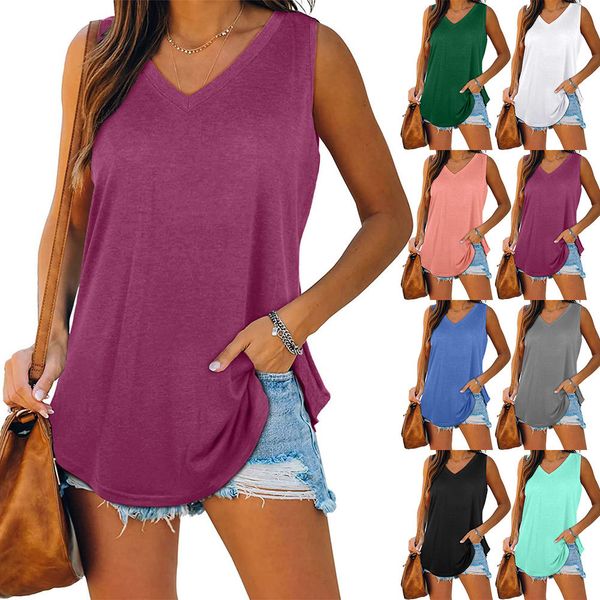 

women's tanks camis tees solid color dovetail sleeveless v-neck t-shirt, White