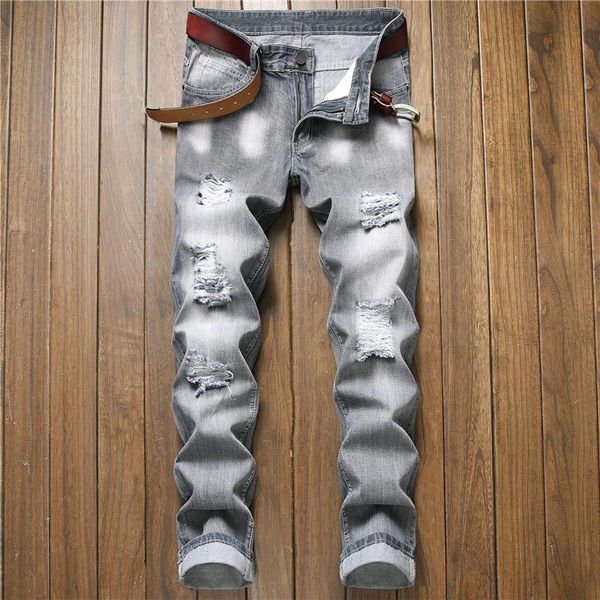 

men's jeans hole straight slim casual gray trousers autumn fashion denim pants 90s boyfriend men clothing, Blue