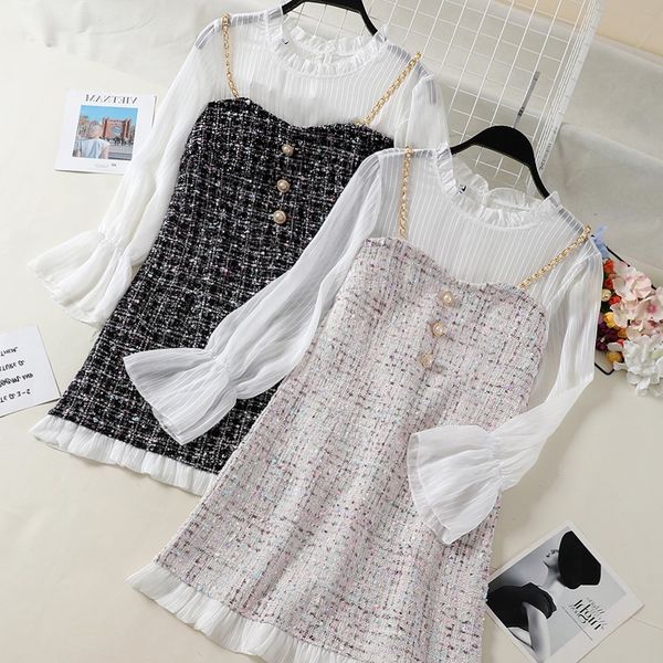 

women chiffon lantern sleeve patchowrk tweed dress elegant gold chain pearls ruffles dress ladies short party dress 210522, Black;gray