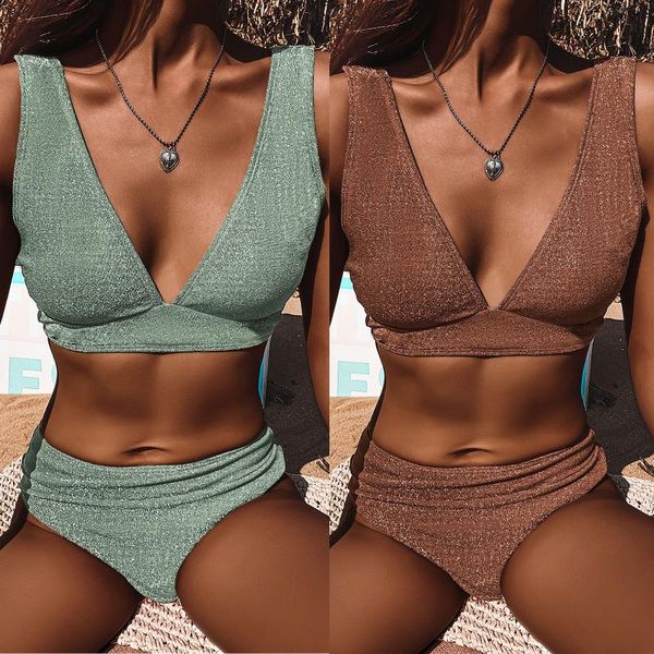 

solid ribbed bikinis 2021 mujer high waist swimsuit women v neck swimwear female sport bathing suit stripe biquini women's, White;black