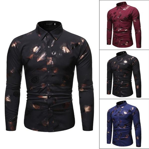 

men's casual shirts business feathers and flowers are gilded print shirt gold bronzing lapel long sleeve men summer, White;black