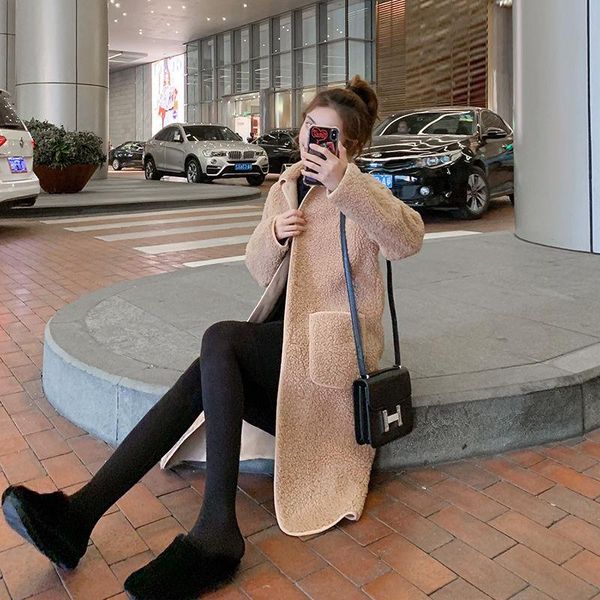 

lalambswool coat women 2021 style mid-length leather and fur in one loose korean lambskin women's wool & blends, Black