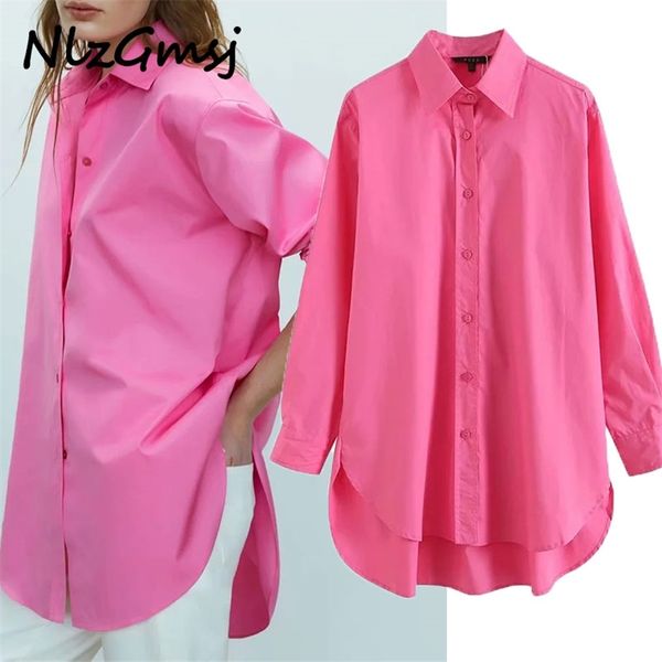 

blouse women chic pink oversized long shirts 100% cotton side split button blouses stylish mujer 06 210628, White