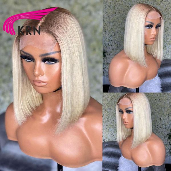 

lace wigs ombre #4/613 short bob 13x2 front human hair for women remy cut straight t part wig preplucked, Black;brown