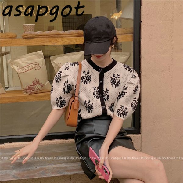 

puff short sleeve hollow out knitted cardigan jacket flower jacquard sweater chic korean high street vintage 210429, White