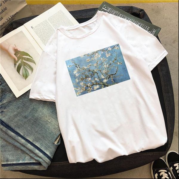 

womens aesthetic van gogh almond blossom oil vintage painting t shirt casual tumblr fun fashion grunge printed women clothing, White