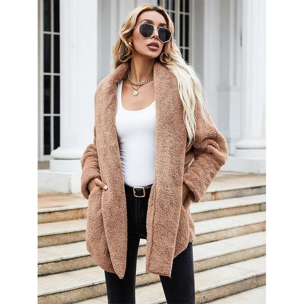 

women's wool & blends autumn winter coat women faux fur fleece sweatshirts cardigan ladies 2021 loose jacket female plush overcoat pock, Black