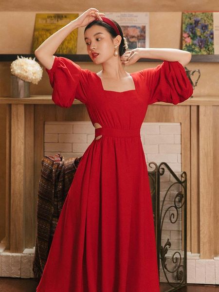 

casual dresses french retro women autumn puff sleeve dress high waist hollow fashion vestido de mujer square neck black prom fairy, Black;gray