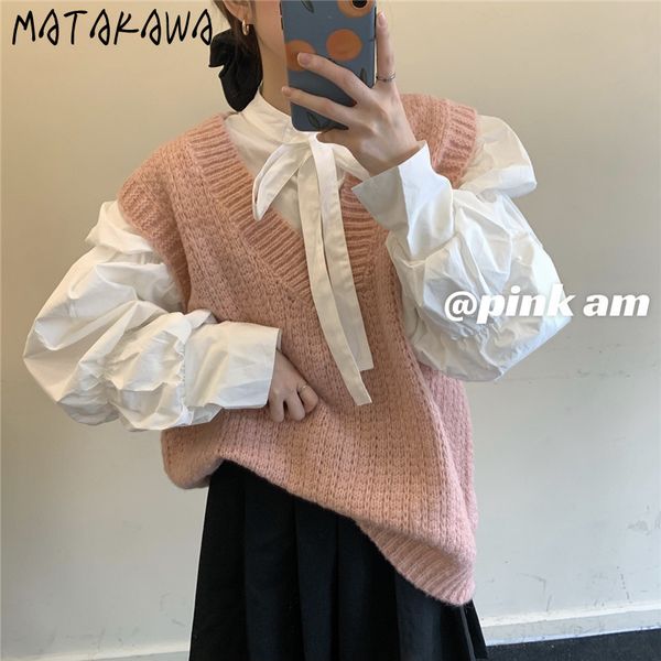 

matakawa solid v-neck sweater vest women japanese ins knitted vest woman wear pink waistcoat coat loose wear 210513, Black;white