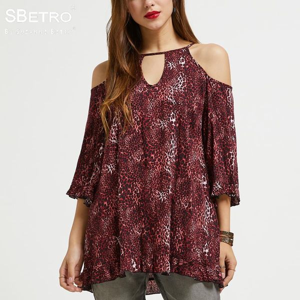 

women's blouses & shirts sbetro by suzanne betro red printed leopard rayon keyhole neck cold shoulder 3/4 bell sleeve tunic fashion wom, White
