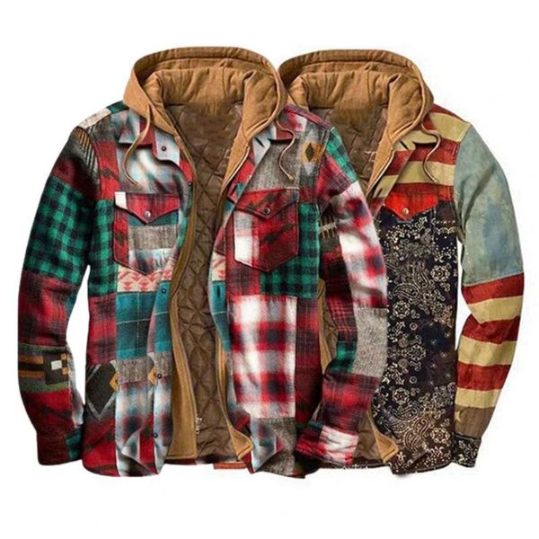 

men's jackets zipper men coat plaid winter cardigan thicken pockets patchwork for outdoor, Black;brown
