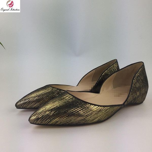 

original intention stylish flats gold stripe pointed toe concise casual office dress party shoes woman plus size 5-13 sandals, Black