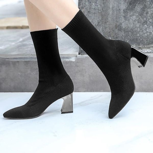 

boots plus size 10 high-heeled elastic with pointed solid colors, Black