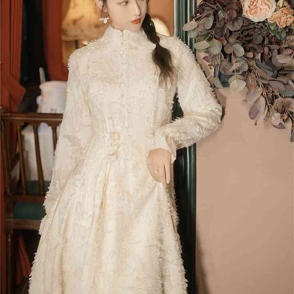 Vintage Maxi Kleider für Frau Hohe Taille Langarm Elegante Geburtstag Party Kleid Dame Weiß Cheongsam Abend Kleidung 210603
