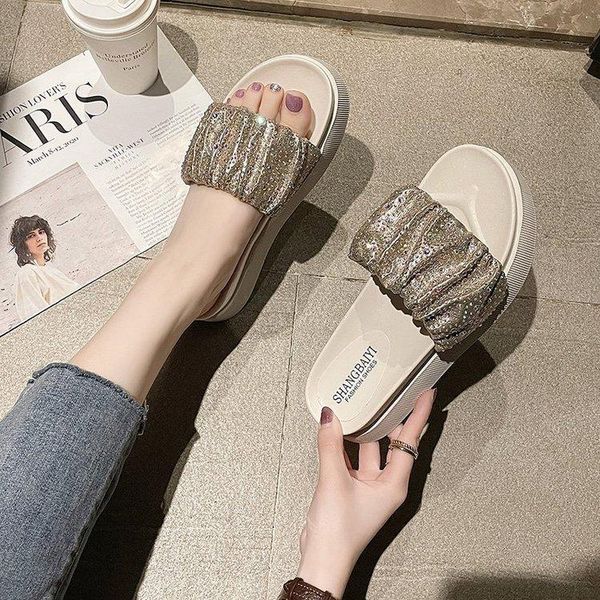 

slippers thick bottom muffin women 2021 summer wear diamond shiny sandals simple fashion, Black