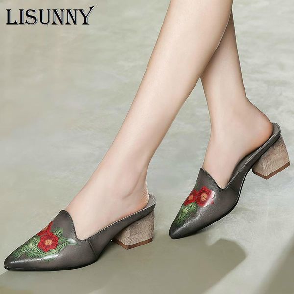

printing pointed toe slippers retro fashion sandals woman shoes thick with high heel genuine leather, Black