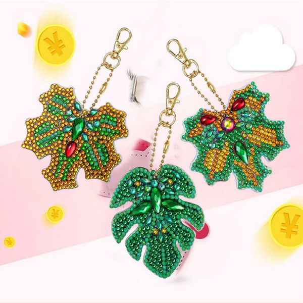 

3pc/lot 5d diy full rose leaf diamond painting keychain set resin women's girls bag jewelry handmade gifts, Slivery;golden