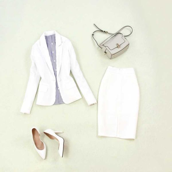 

women's suits summer women's large size single buckle white small jacket slim bag hip split skirt two-piece 210527