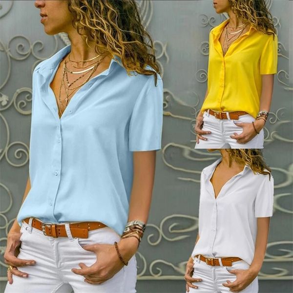 Женская рубашка для работы, женские однотонные шифоновые блузки с коротким рукавом, элегантные лацканы, офисные летние белые желтые блузки, топы больших размеров 5XL 220307