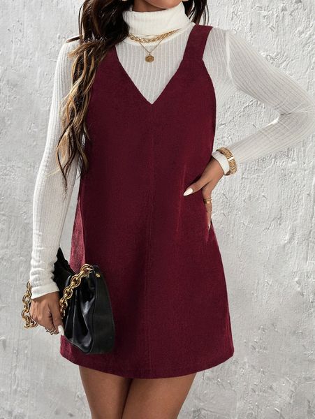 

petite solid corduroy overall dress without sweater 40gh#, Black;gray