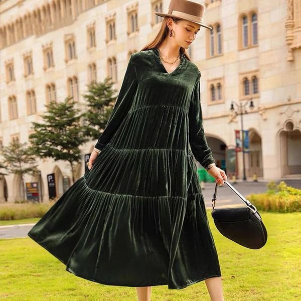 

casual dresses 2021 autunm and winter women long sleeve velvet dress,fashion elegant maxi ruffled pleated velour dress party vestidos, Black;gray