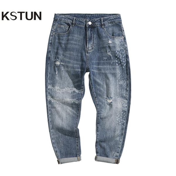 

men's jeans mens ripped copped trousers, Blue