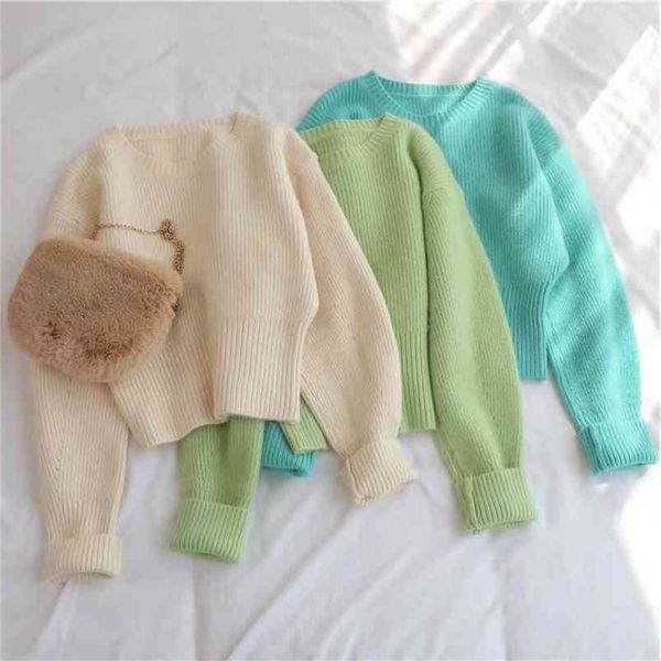 

autumn winter knitted cropped sweater pullovers casual oversized vintage short jumper 210427, White;black