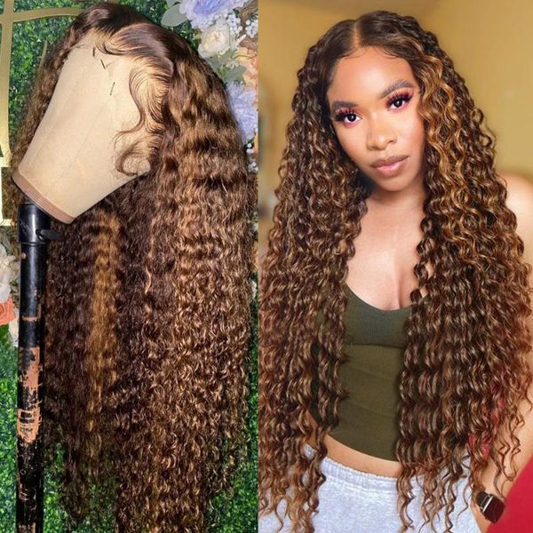 

lace wigs highlight brown blonde colored water curly front human hair wig ombre 360 transparent frontal full end 180density, Black;brown