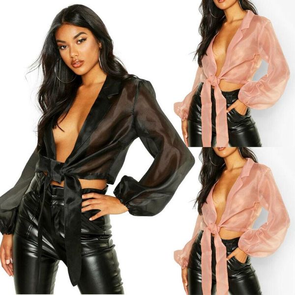 

women sheer mesh club long sleeve blouse see-through vintage shirt summer fashion lace-up deep v-neck short blouse, White