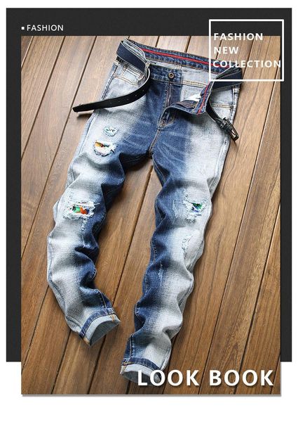 

style personality ripped patch jeans men's trend stretch men, Blue