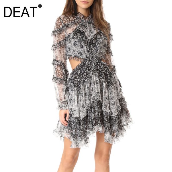 

[deat] summer new fashion tide round neck high waist ruffles long sleeve backless printing loose elegant dress women 13q044 210430, Black;gray