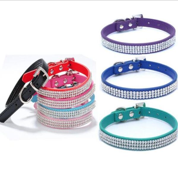 

rhinestone pu leather pet collar necklace safety band crystal diamond puppy dog cat buckle collars tag fashion & leashes