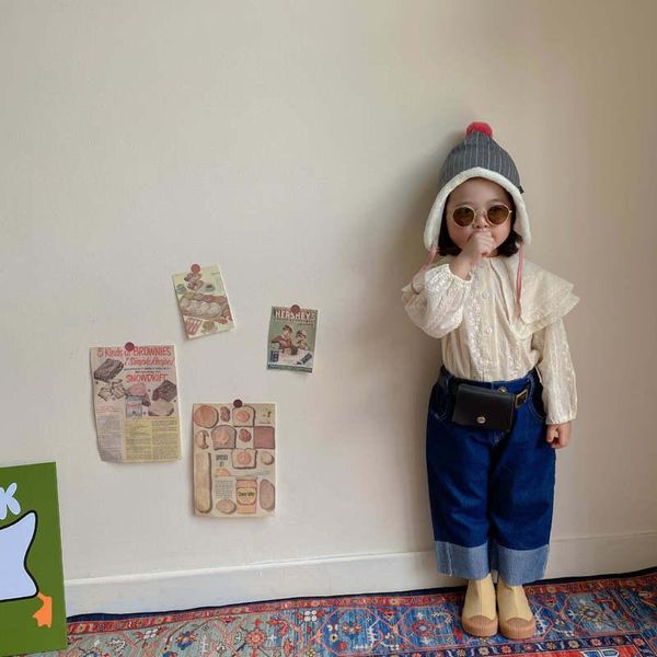

jeans 2021 autumn children's korean fashion kid casual solid color wide-legged boys and girls breathable denim trousers kj41, Blue