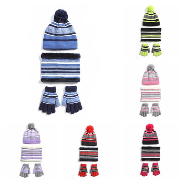

three sets of children's knitted hat scarf velvet and thick gloves, Blue;gray