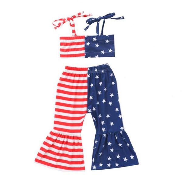 

clothing sets celebrating independence day outfits baby camisole and flared pants girls clothes american flag print festive 6m-5years, White