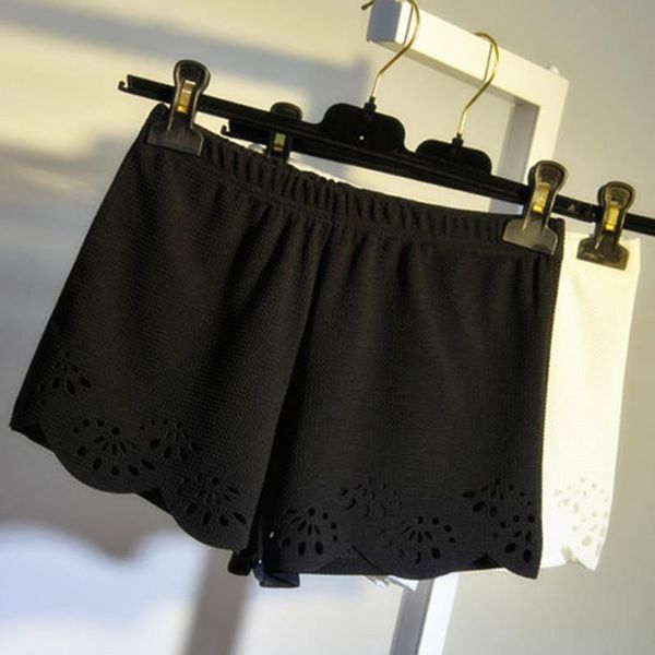 

women's shorts fashion ladies summer style floral hollow out solid casual short high waisted elastic, White;black
