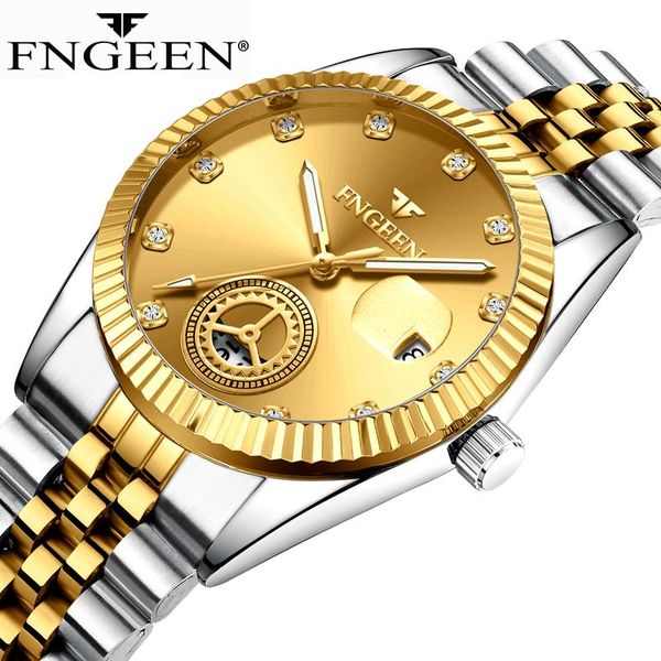 

wristwatches fngeen gold mens watches diamond waterproof male wristwatch clock luminous hands calendar quartz relogio 7010, Slivery;brown