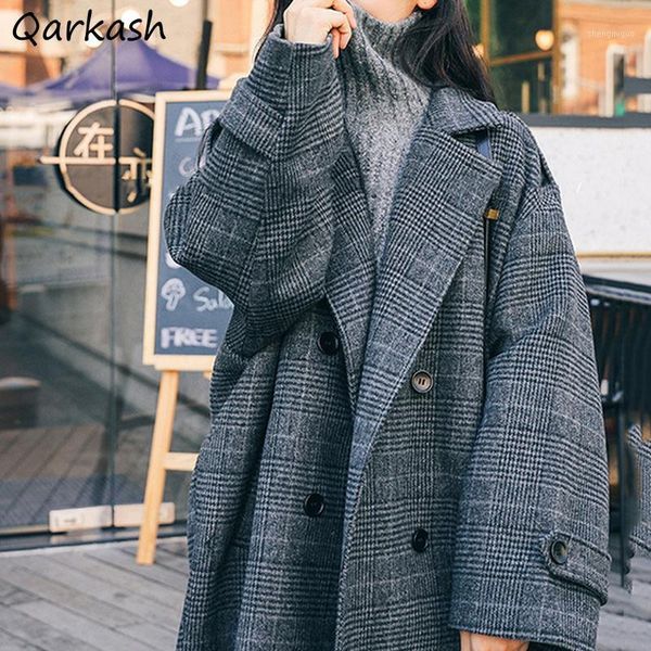 

blends women loose arrivals plaid temperament vintage feminine simple office ladies basic outerwear korean cozy women's wool &, Black