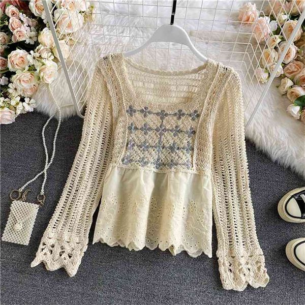 

spring autumn cropped blouse women's hook flower hollow square neck bubble long sleeve fashion temperament shirt uk532 210507, White