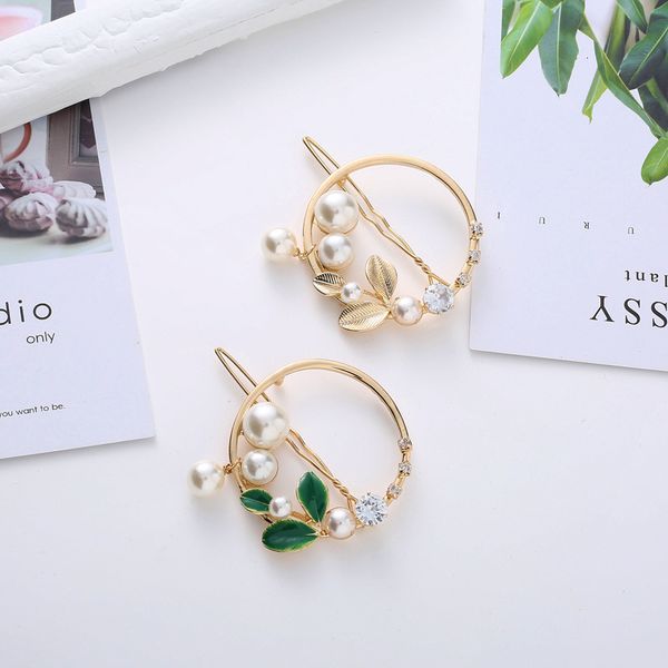 

a1388 round women's electroplated pearl temperament rhinestone leaf edge clip frog clip, Golden;silver