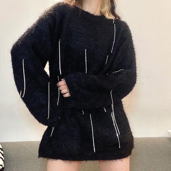 

women's sweaters fringe rhinestone sweater gothic cardigan pullover retro winter casual o-neck korean fashion, White;black