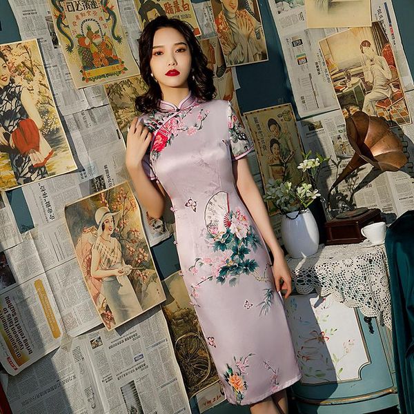 

elegrant cheongsam traditional chinese dress women floral printed silk qipao short sleeve oriental vintage clothing 4xl ethnic, Red