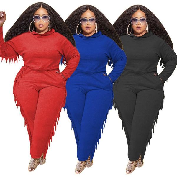 

plus size tracksuits women clothing fashion street wear temperament commuter pure color tassel hooded casual suit wholesale drop, Black