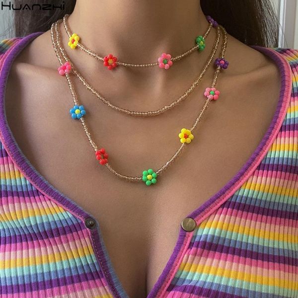 

chokers huanzhi 2021 korean multi-layer colorful daisy beads 3pcs/set choker necklace for women girls summer vacation jewelry gifts, Golden;silver