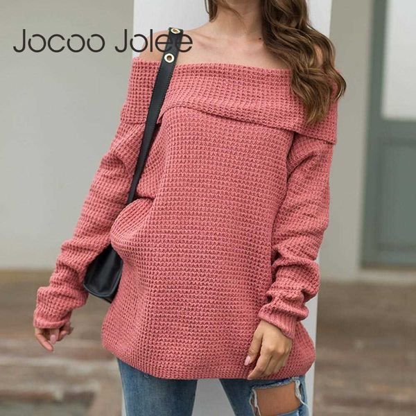 

jocoo jolee sweaters women winter long sleeve off shoulder knitted sweater casual solid pullover streetwear jumper 210619, White;black